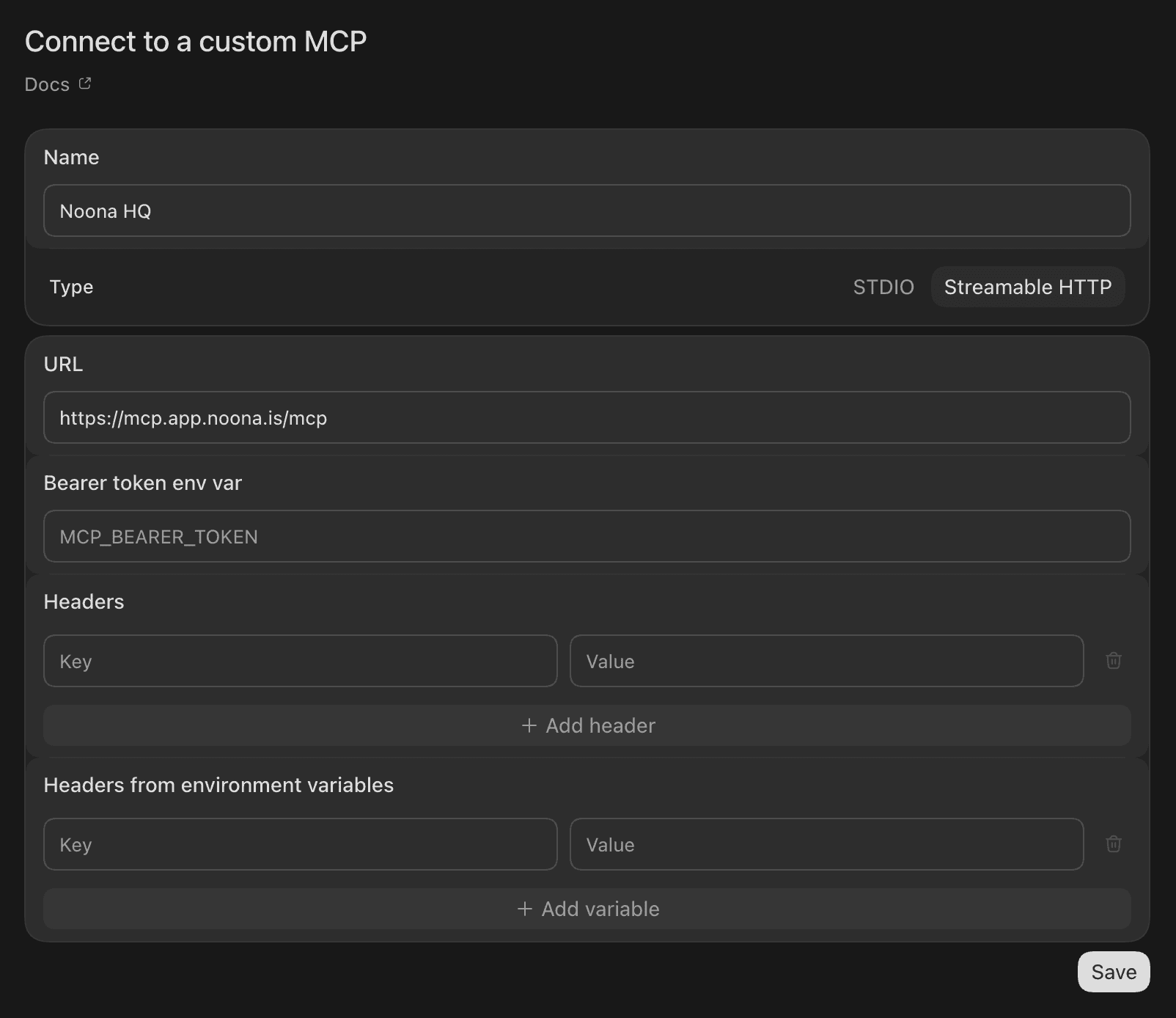 The Connect to a custom MCP form in ChatGPT with the name set to Noona HQ, the type set to Streamable HTTP, and the URL set to https://mcp.app.noona.is/mcp
