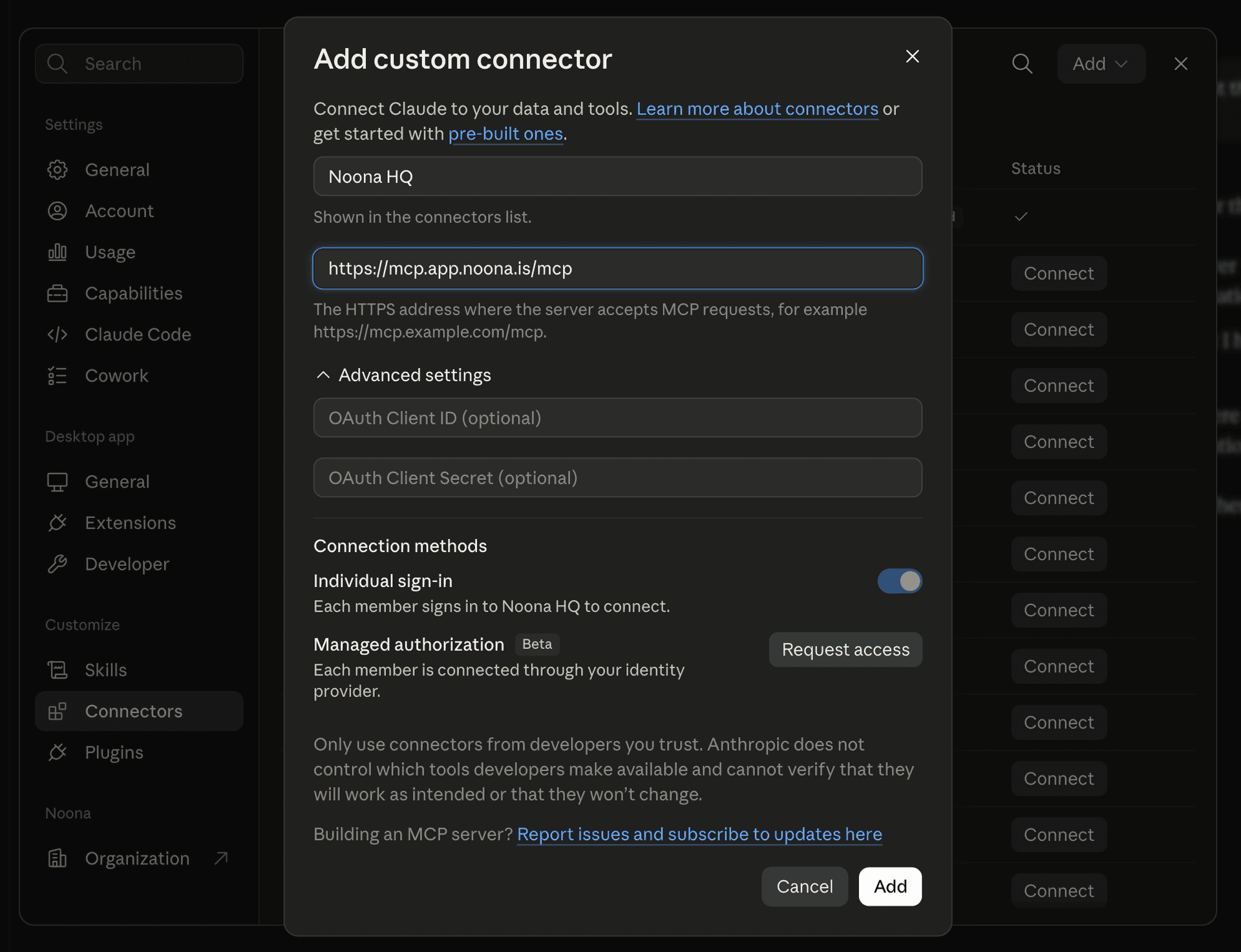 The Add custom connector dialog in Claude, with the name set to Noona HQ and the URL set to https://mcp.app.noona.is/mcp