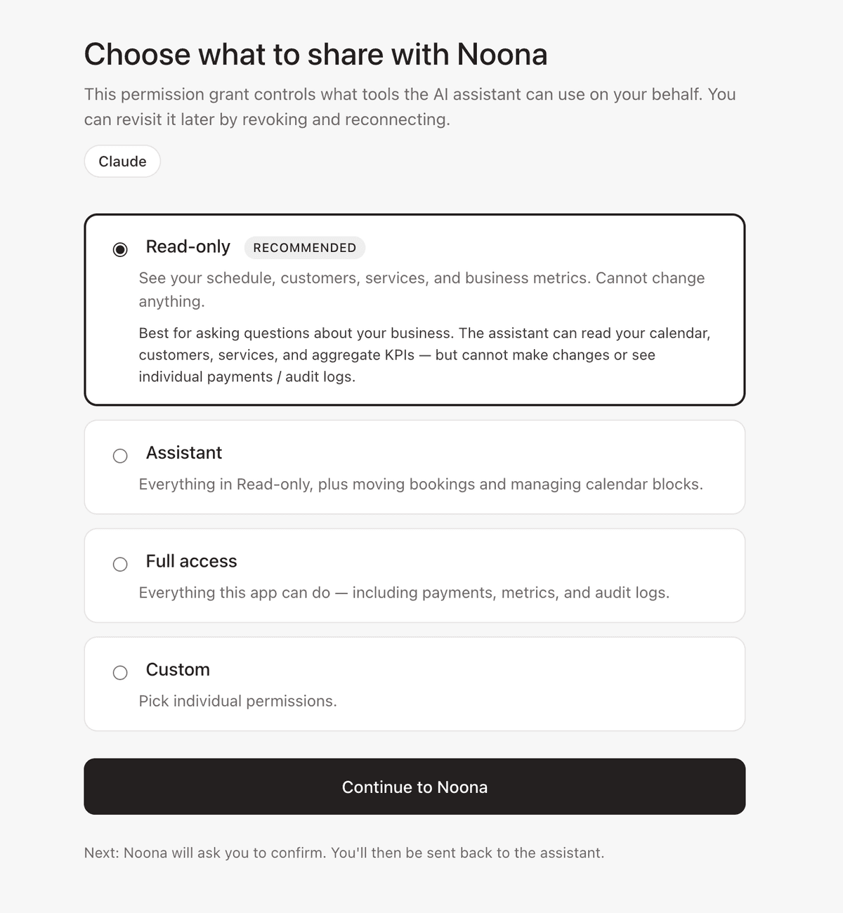 The Noona permission screen titled "Choose what to share with Noona", with Read-only selected and marked as recommended