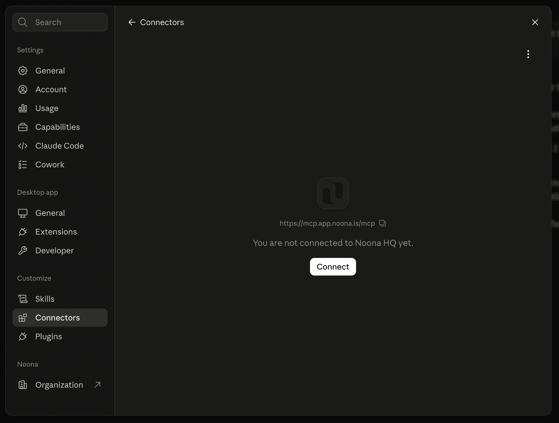 The Noona HQ connector page in Claude showing "You are not connected to Noona HQ yet" and a Connect button