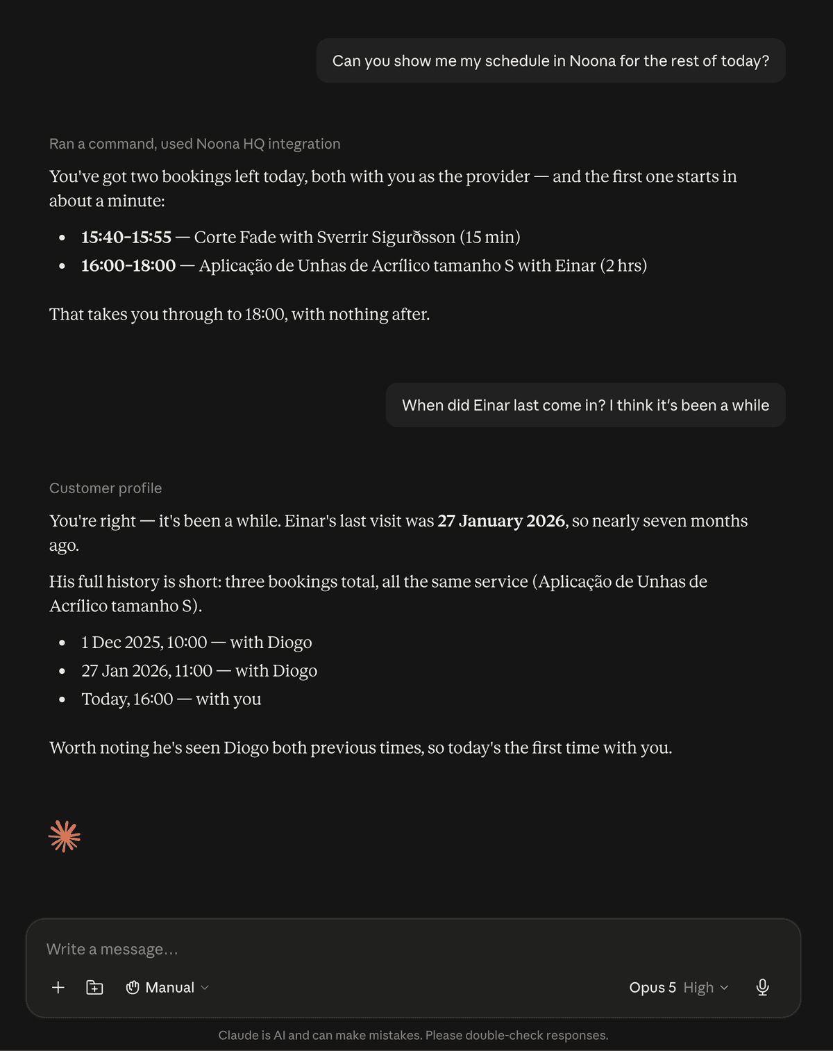 A Claude conversation showing today's remaining bookings, followed by a customer's full visit history