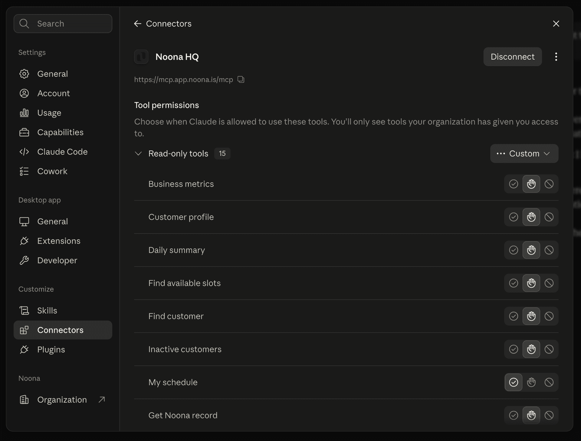 The Noona HQ connector page in Claude showing tool permissions, with 15 read-only tools listed