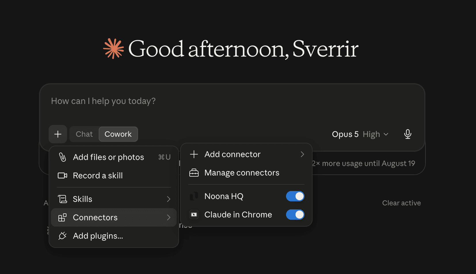 The Connectors menu in a Claude chat with the Noona HQ toggle switched on