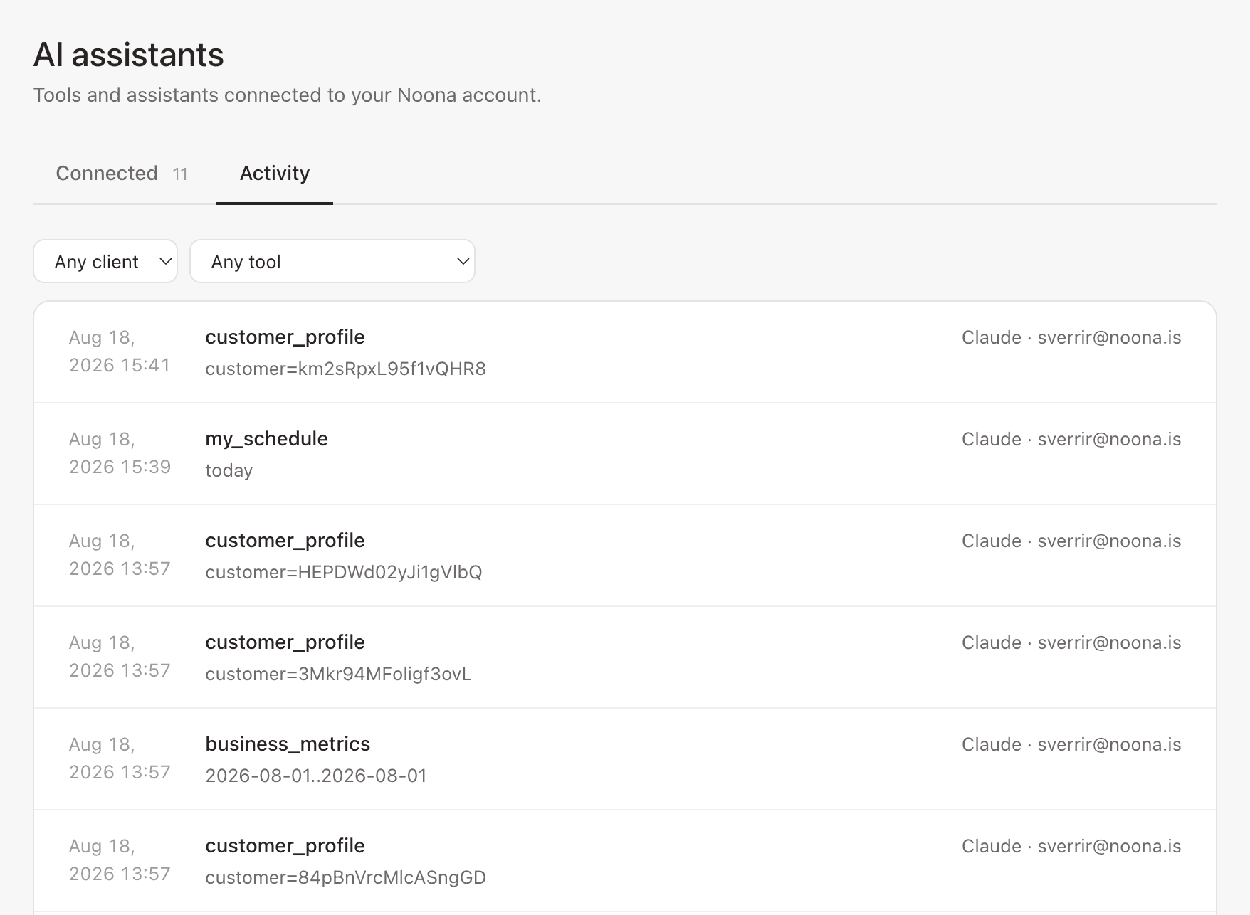 The Activity tab showing a log of tool calls with timestamps, filtered by client and tool
