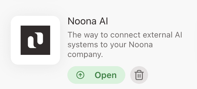 The Noona AI card in the Noona HQ app list, with an Open button