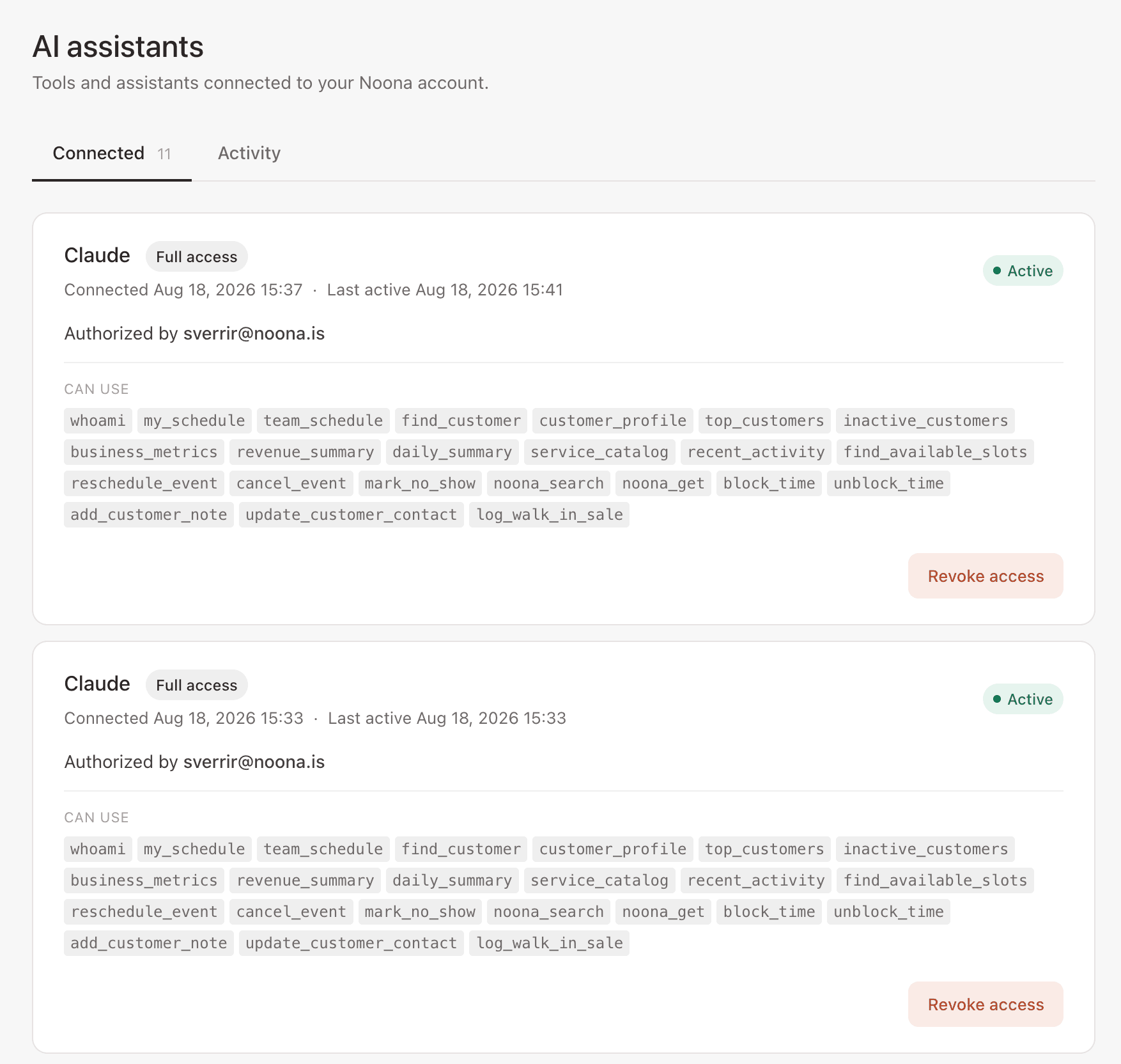 The Connected tab listing a connected assistant with a Full access badge, the authorizing user, and the list of tools it can use